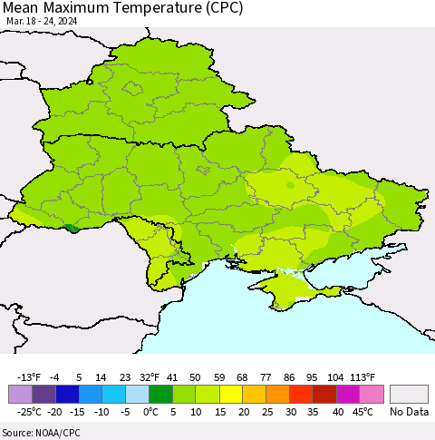 Ukraine, Moldova and Belarus Mean Maximum Temperature (CPC) Thematic Map For 3/18/2024 - 3/24/2024
