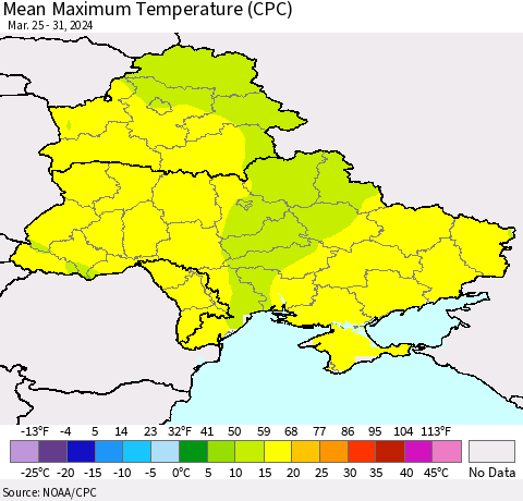 Ukraine, Moldova and Belarus Mean Maximum Temperature (CPC) Thematic Map For 3/25/2024 - 3/31/2024