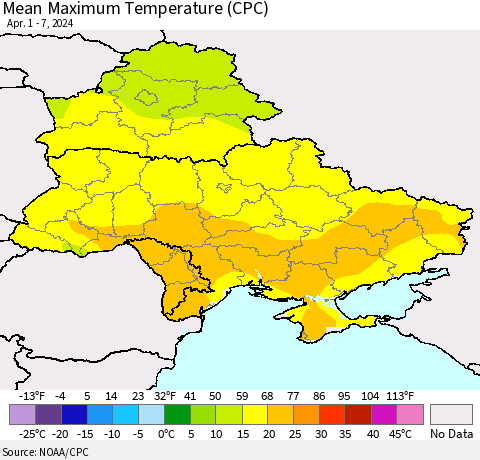 Ukraine, Moldova and Belarus Mean Maximum Temperature (CPC) Thematic Map For 4/1/2024 - 4/7/2024