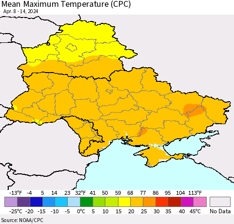 Ukraine, Moldova and Belarus Mean Maximum Temperature (CPC) Thematic Map For 4/8/2024 - 4/14/2024