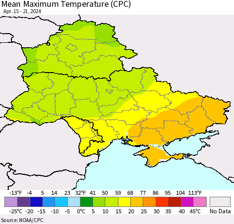 Ukraine, Moldova and Belarus Mean Maximum Temperature (CPC) Thematic Map For 4/15/2024 - 4/21/2024