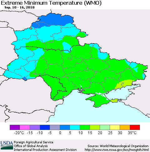Ukraine, Moldova and Belarus Minimum Daily Temperature (WMO) Thematic Map For 9/10/2018 - 9/16/2018
