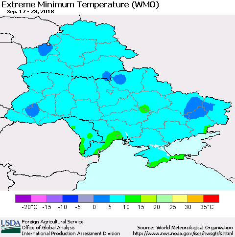 Ukraine, Moldova and Belarus Extreme Minimum Temperature (WMO) Thematic Map For 9/17/2018 - 9/23/2018