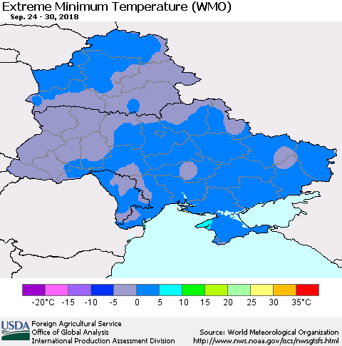 Ukraine, Moldova and Belarus Minimum Daily Temperature (WMO) Thematic Map For 9/24/2018 - 9/30/2018