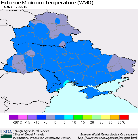 Ukraine, Moldova and Belarus Extreme Minimum Temperature (WMO) Thematic Map For 10/1/2018 - 10/7/2018