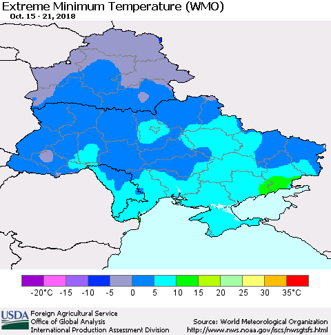 Ukraine, Moldova and Belarus Minimum Daily Temperature (WMO) Thematic Map For 10/15/2018 - 10/21/2018