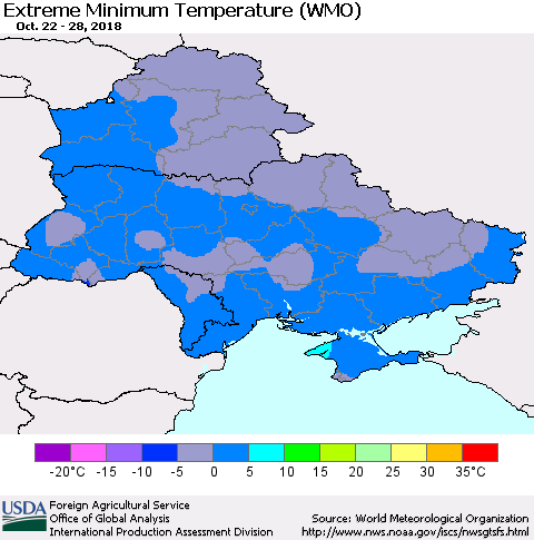 Ukraine, Moldova and Belarus Extreme Minimum Temperature (WMO) Thematic Map For 10/22/2018 - 10/28/2018