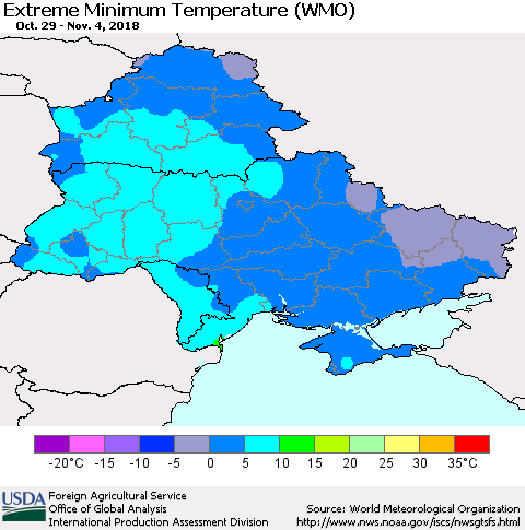 Ukraine, Moldova and Belarus Extreme Minimum Temperature (WMO) Thematic Map For 10/29/2018 - 11/4/2018