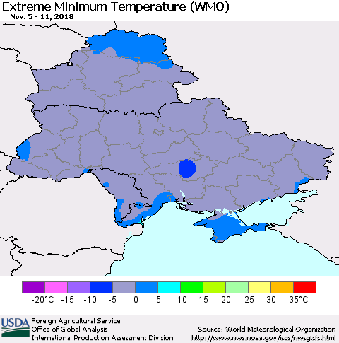 Ukraine, Moldova and Belarus Extreme Minimum Temperature (WMO) Thematic Map For 11/5/2018 - 11/11/2018