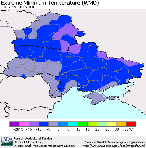 Ukraine, Moldova and Belarus Extreme Minimum Temperature (WMO) Thematic Map For 11/12/2018 - 11/18/2018