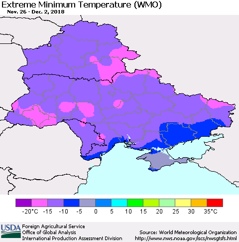 Ukraine, Moldova and Belarus Extreme Minimum Temperature (WMO) Thematic Map For 11/26/2018 - 12/2/2018