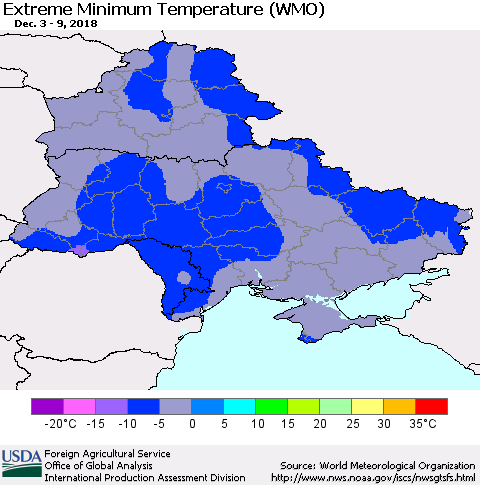 Ukraine, Moldova and Belarus Extreme Minimum Temperature (WMO) Thematic Map For 12/3/2018 - 12/9/2018