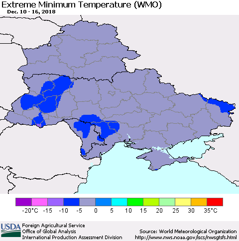 Ukraine, Moldova and Belarus Extreme Minimum Temperature (WMO) Thematic Map For 12/10/2018 - 12/16/2018
