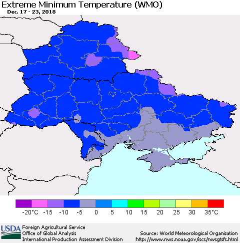 Ukraine, Moldova and Belarus Minimum Daily Temperature (WMO) Thematic Map For 12/17/2018 - 12/23/2018