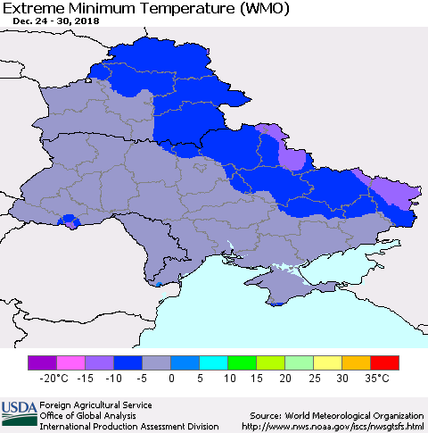 Ukraine, Moldova and Belarus Extreme Minimum Temperature (WMO) Thematic Map For 12/24/2018 - 12/30/2018