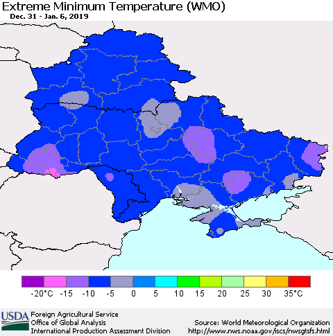 Ukraine, Moldova and Belarus Minimum Daily Temperature (WMO) Thematic Map For 12/31/2018 - 1/6/2019