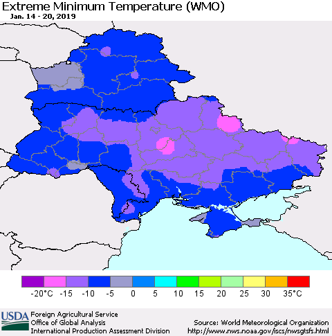 Ukraine, Moldova and Belarus Extreme Minimum Temperature (WMO) Thematic Map For 1/14/2019 - 1/20/2019