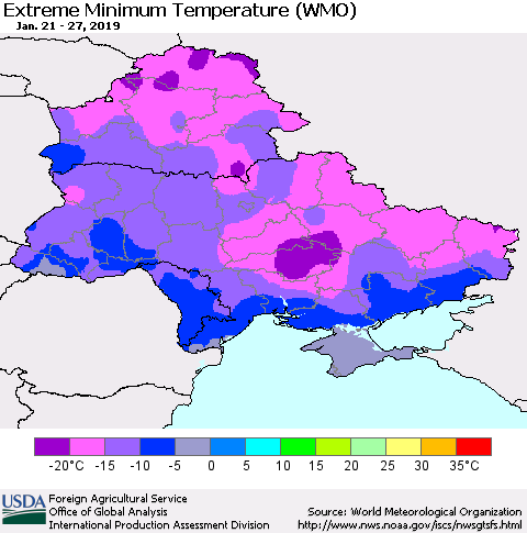 Ukraine, Moldova and Belarus Extreme Minimum Temperature (WMO) Thematic Map For 1/21/2019 - 1/27/2019