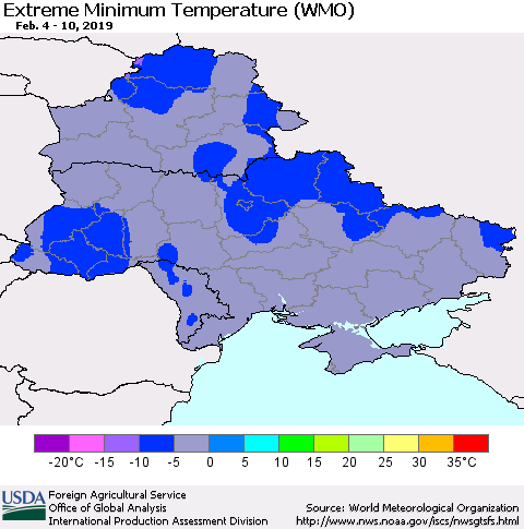 Ukraine, Moldova and Belarus Minimum Daily Temperature (WMO) Thematic Map For 2/4/2019 - 2/10/2019