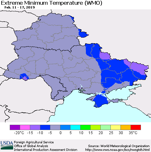 Ukraine, Moldova and Belarus Minimum Daily Temperature (WMO) Thematic Map For 2/11/2019 - 2/17/2019