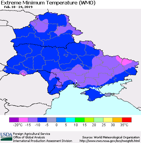 Ukraine, Moldova and Belarus Extreme Minimum Temperature (WMO) Thematic Map For 2/18/2019 - 2/24/2019