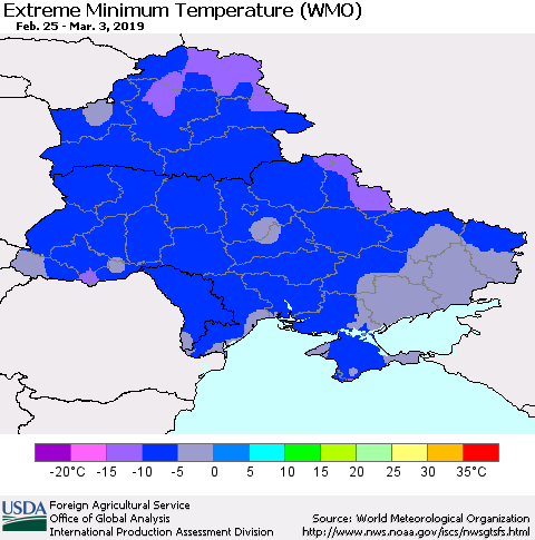 Ukraine, Moldova and Belarus Extreme Minimum Temperature (WMO) Thematic Map For 2/25/2019 - 3/3/2019