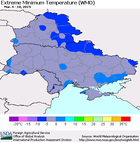 Ukraine, Moldova and Belarus Minimum Daily Temperature (WMO) Thematic Map For 3/4/2019 - 3/10/2019