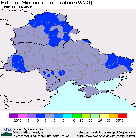Ukraine, Moldova and Belarus Extreme Minimum Temperature (WMO) Thematic Map For 3/11/2019 - 3/17/2019