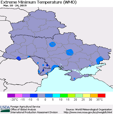 Ukraine, Moldova and Belarus Extreme Minimum Temperature (WMO) Thematic Map For 3/18/2019 - 3/24/2019