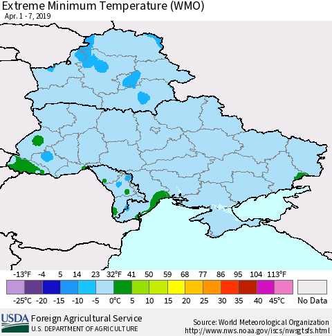 Ukraine, Moldova and Belarus Extreme Minimum Temperature (WMO) Thematic Map For 4/1/2019 - 4/7/2019