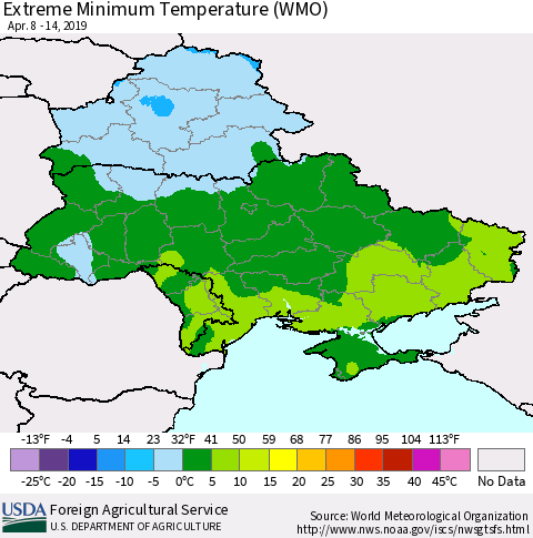 Ukraine, Moldova and Belarus Extreme Minimum Temperature (WMO) Thematic Map For 4/8/2019 - 4/14/2019