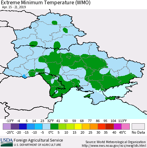 Ukraine, Moldova and Belarus Extreme Minimum Temperature (WMO) Thematic Map For 4/15/2019 - 4/21/2019
