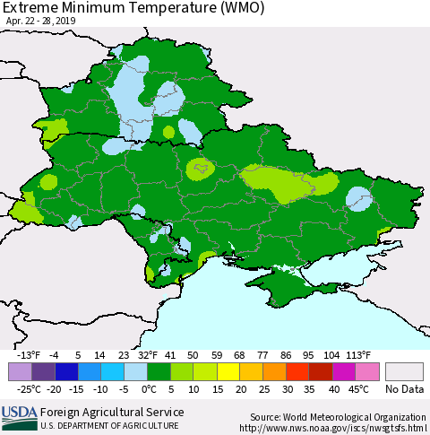 Ukraine, Moldova and Belarus Minimum Daily Temperature (WMO) Thematic Map For 4/22/2019 - 4/28/2019