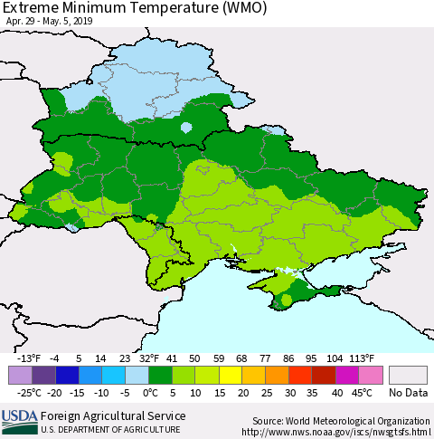 Ukraine, Moldova and Belarus Minimum Daily Temperature (WMO) Thematic Map For 4/29/2019 - 5/5/2019