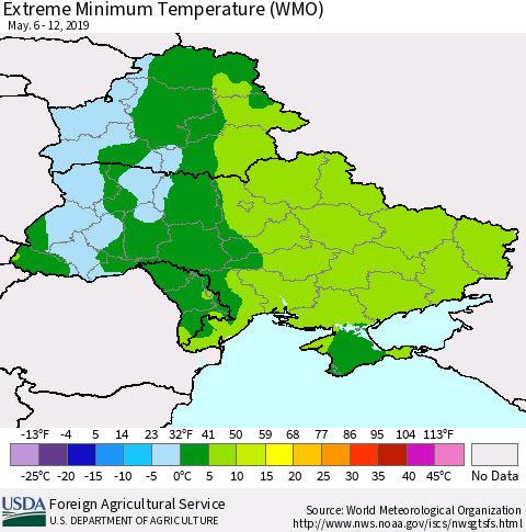 Ukraine, Moldova and Belarus Extreme Minimum Temperature (WMO) Thematic Map For 5/6/2019 - 5/12/2019