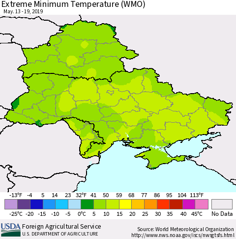 Ukraine, Moldova and Belarus Extreme Minimum Temperature (WMO) Thematic Map For 5/13/2019 - 5/19/2019