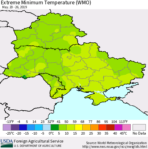 Ukraine, Moldova and Belarus Extreme Minimum Temperature (WMO) Thematic Map For 5/20/2019 - 5/26/2019