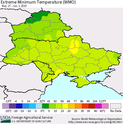 Ukraine, Moldova and Belarus Minimum Daily Temperature (WMO) Thematic Map For 5/27/2019 - 6/2/2019