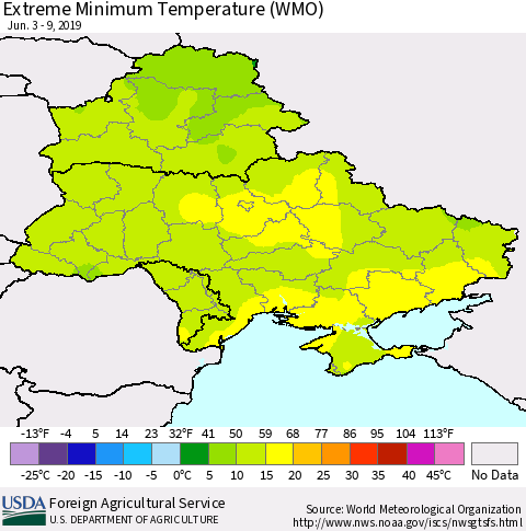 Ukraine, Moldova and Belarus Extreme Minimum Temperature (WMO) Thematic Map For 6/3/2019 - 6/9/2019