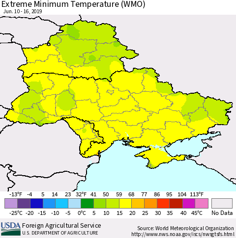 Ukraine, Moldova and Belarus Extreme Minimum Temperature (WMO) Thematic Map For 6/10/2019 - 6/16/2019