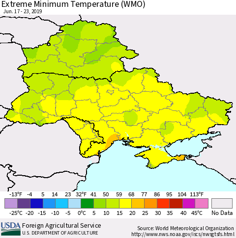 Ukraine, Moldova and Belarus Extreme Minimum Temperature (WMO) Thematic Map For 6/17/2019 - 6/23/2019