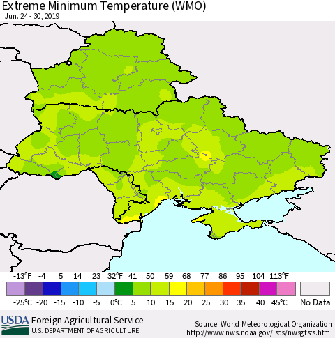 Ukraine, Moldova and Belarus Extreme Minimum Temperature (WMO) Thematic Map For 6/24/2019 - 6/30/2019