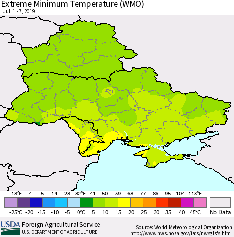 Ukraine, Moldova and Belarus Extreme Minimum Temperature (WMO) Thematic Map For 7/1/2019 - 7/7/2019