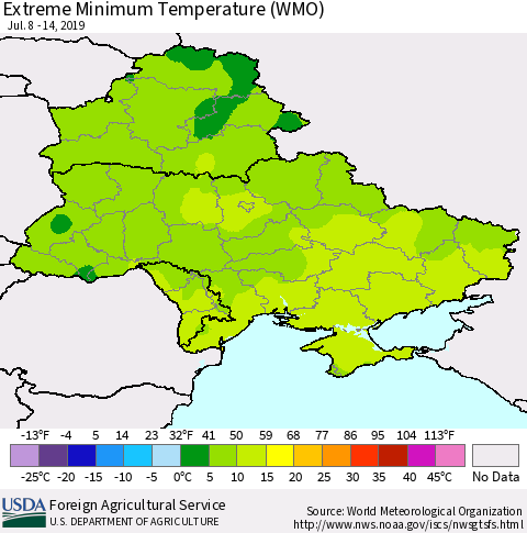 Ukraine, Moldova and Belarus Extreme Minimum Temperature (WMO) Thematic Map For 7/8/2019 - 7/14/2019