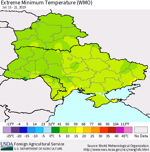 Ukraine, Moldova and Belarus Extreme Minimum Temperature (WMO) Thematic Map For 7/15/2019 - 7/21/2019