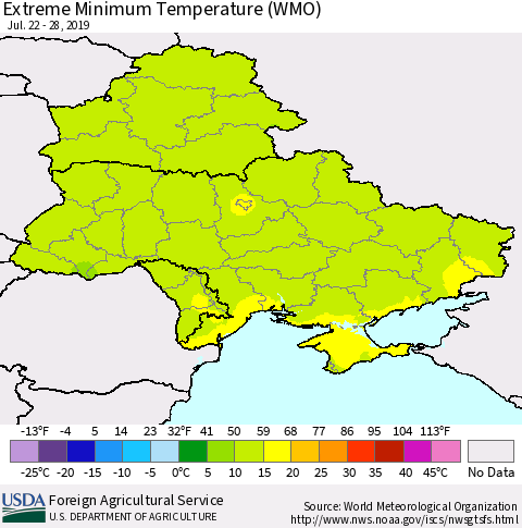 Ukraine, Moldova and Belarus Extreme Minimum Temperature (WMO) Thematic Map For 7/22/2019 - 7/28/2019