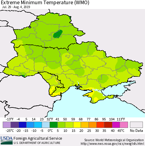 Ukraine, Moldova and Belarus Minimum Daily Temperature (WMO) Thematic Map For 7/29/2019 - 8/4/2019
