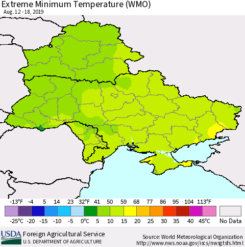Ukraine, Moldova and Belarus Extreme Minimum Temperature (WMO) Thematic Map For 8/12/2019 - 8/18/2019