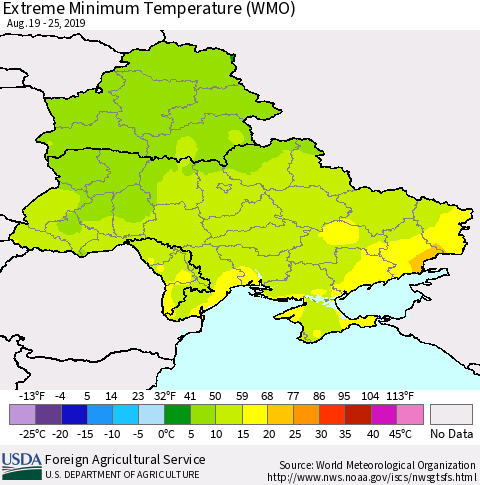 Ukraine, Moldova and Belarus Minimum Daily Temperature (WMO) Thematic Map For 8/19/2019 - 8/25/2019