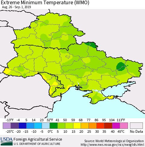 Ukraine, Moldova and Belarus Extreme Minimum Temperature (WMO) Thematic Map For 8/26/2019 - 9/1/2019